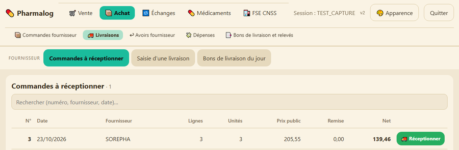 Écran de réception des commandes fournisseur Pharmalog