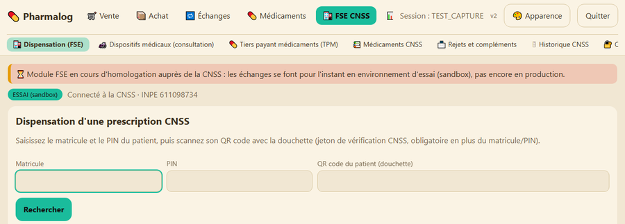 Écran de dispensation CNSS Pharmalog