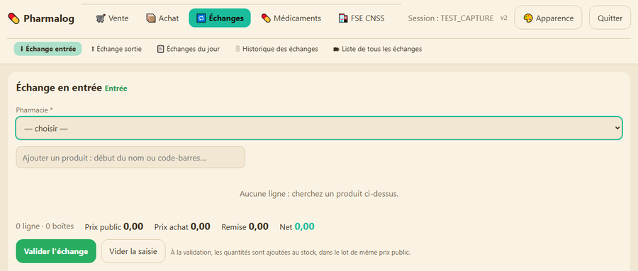 Écran d'échange entre pharmacies Pharmalog